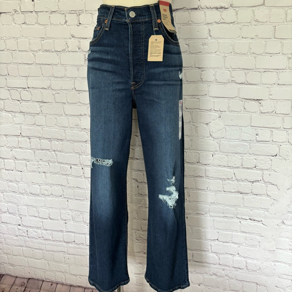 LEVI'S Ribcage Straight Ankle Button Fly Distressed Jeans--28W